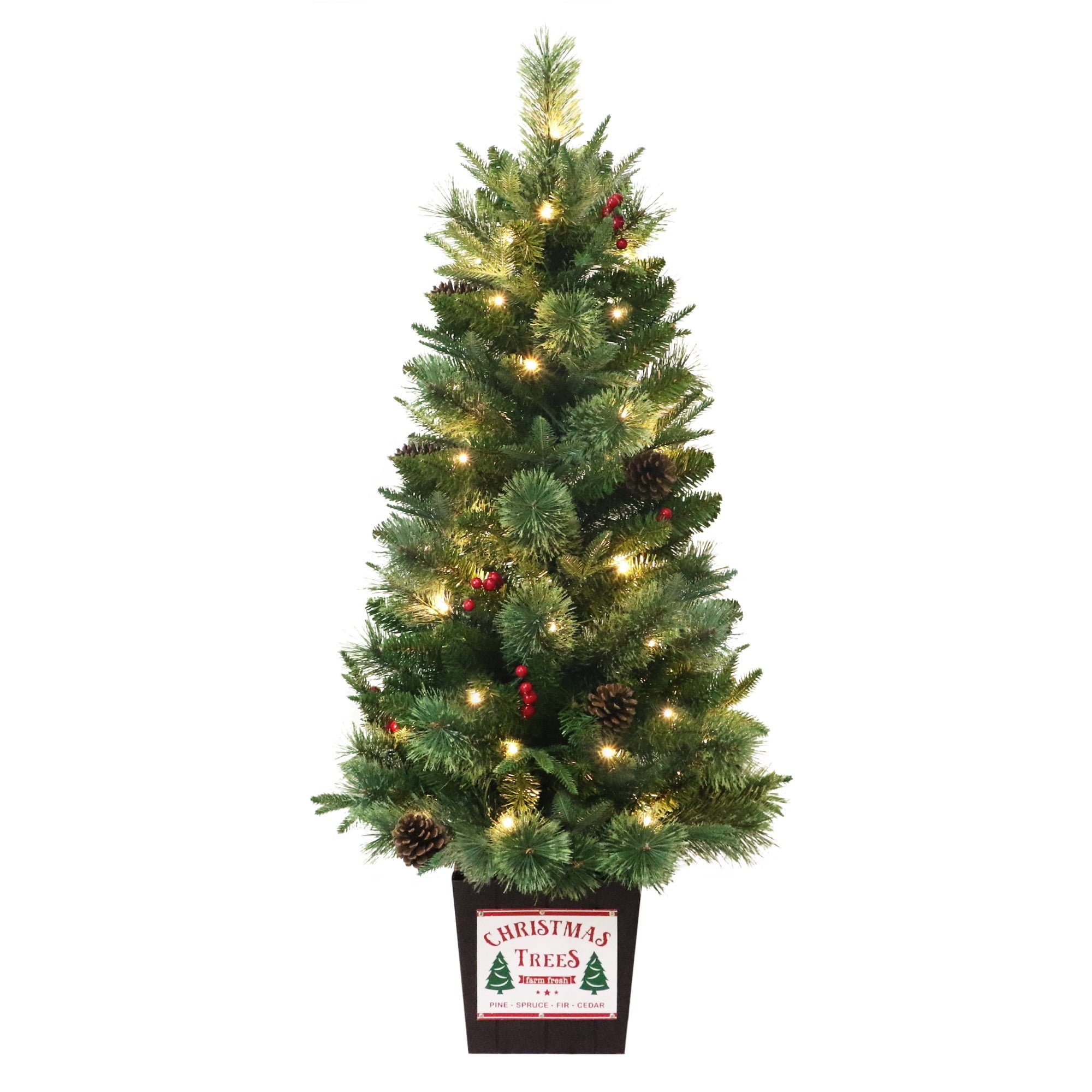 3.5' Pre-Lit Green Artificial Porch Christmas Tree with 35 Warm White LED Lights in Decorative Base, by Holiday Time