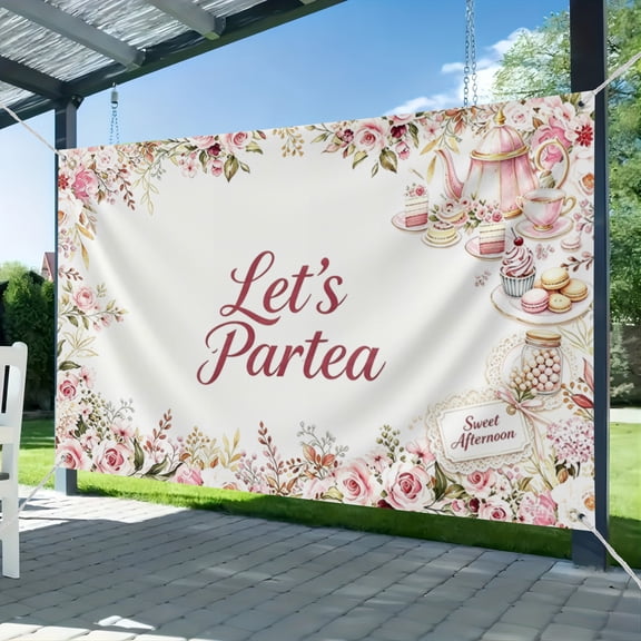 3*5FT Tea Party Backdrop Floral Butterfly Glitter Let's Partea Banner Afternoon Tea Baby Shower Birthday Party Decorations