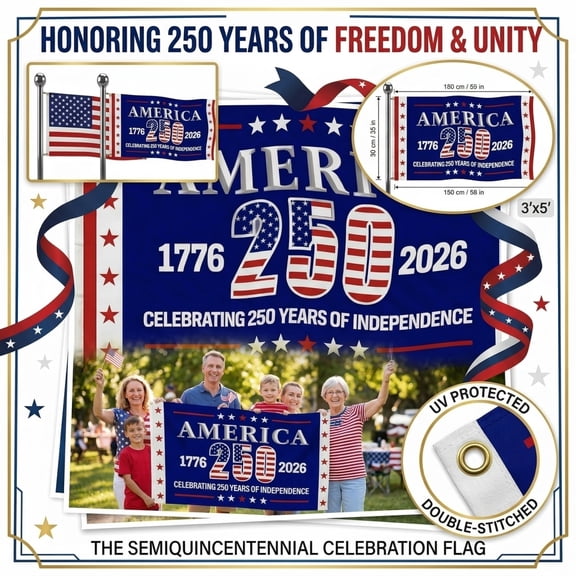 3*5FT UV Resistant American Flag, US Independence Day 250th Anniversary Decoration, 7th July 250th Anniversary Commemorative Decoration Flag for Outdoor, Front Door, Porch, Wall