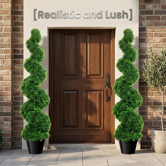 3.5Ft Topiary Trees, Artificial Boxwood Tree Set for Front Door Porch Indoor Outdoor, Maintenance Free Topiary with Sturdy Pot
