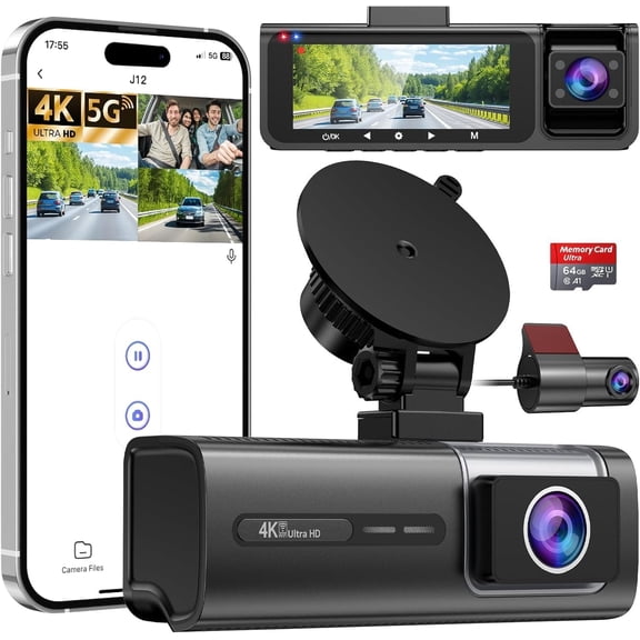 3 5G WiFi Dash Cam, 4K+1080P+1080P Dash Cam Front and Rear with 64GB Card, Dash Camera for with HDR IR Night Vision, G-Sensor, 24/7 Parking Mode, WDR, Support 128GB Max -
