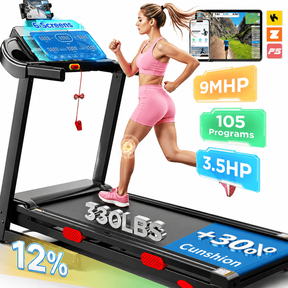 3.65HP 9MPH Treadmill for Home, 330LBS Capacity, Folding Treadmill w/ Incline & 105 Programs, Virtual Run with APP Control, Air damping System, Portable Exercise Equipment for Jogging Walking