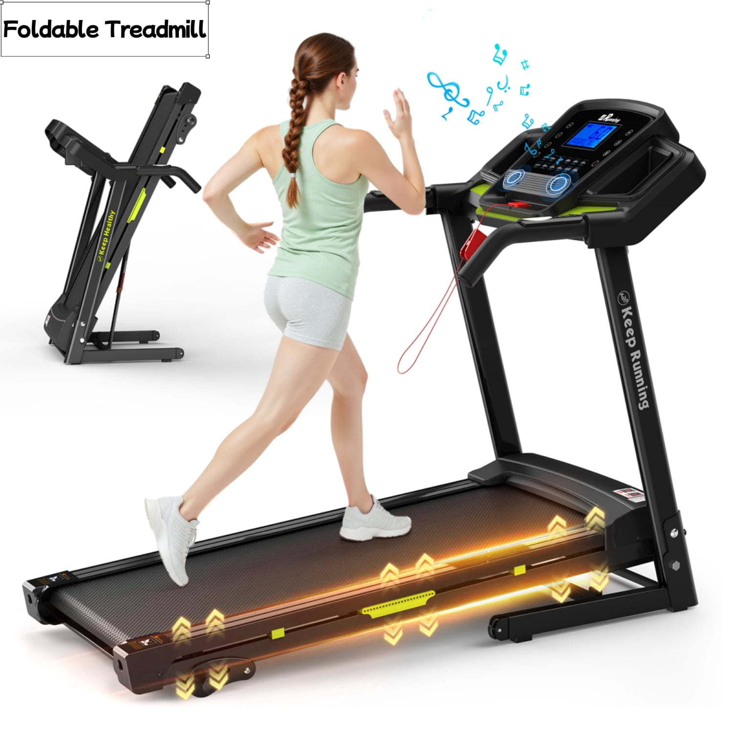 3.5HP Foldable Treadmill with Incline, 330LB Capacity, Handrail Speed Control, 12 Programs, LED Display, Pulse Monitor, Space-Saving Design with Cup & Pad Holders