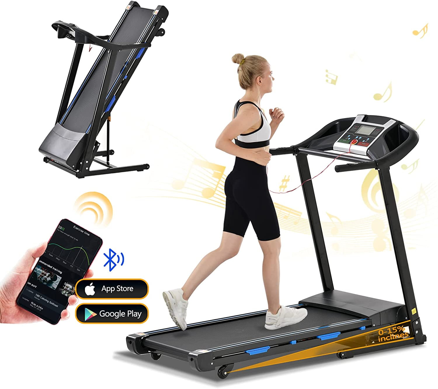 3.5HP Folding Treadmill 15 Auto Incline 300LBS Capacity Running Machine with Bluetooth MP3 LCD Display Smart Shock Absorbing System 12 Programs