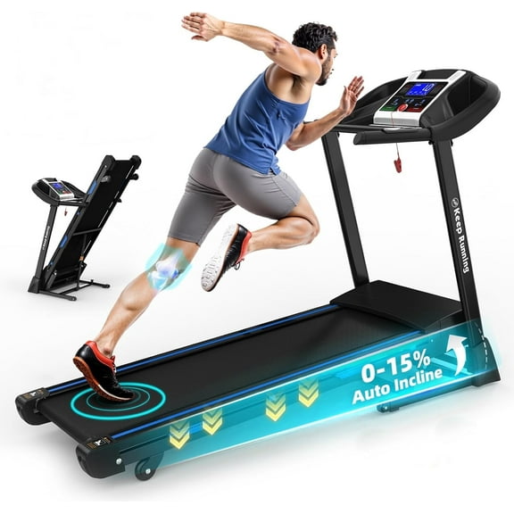 Swertoy 3.5HP Folding Treadmill with 15% Auto Incline 330lb Capacity Bluetooth Smart APP Large Running Belt, Heart Rate Monitor, Easy Accembly, 12 Preset Programs, 9 Mph Speed, for Home Gym