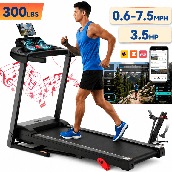 3.5HP Folding Treadmill for Home with 3-Level Manual Incline, 7.5 mph Speed, Treadmill 300lbs Capacity, Bluetooth Speaker, Smart App Control, Shock Absorbing Exercise Treadmill for Walking Running