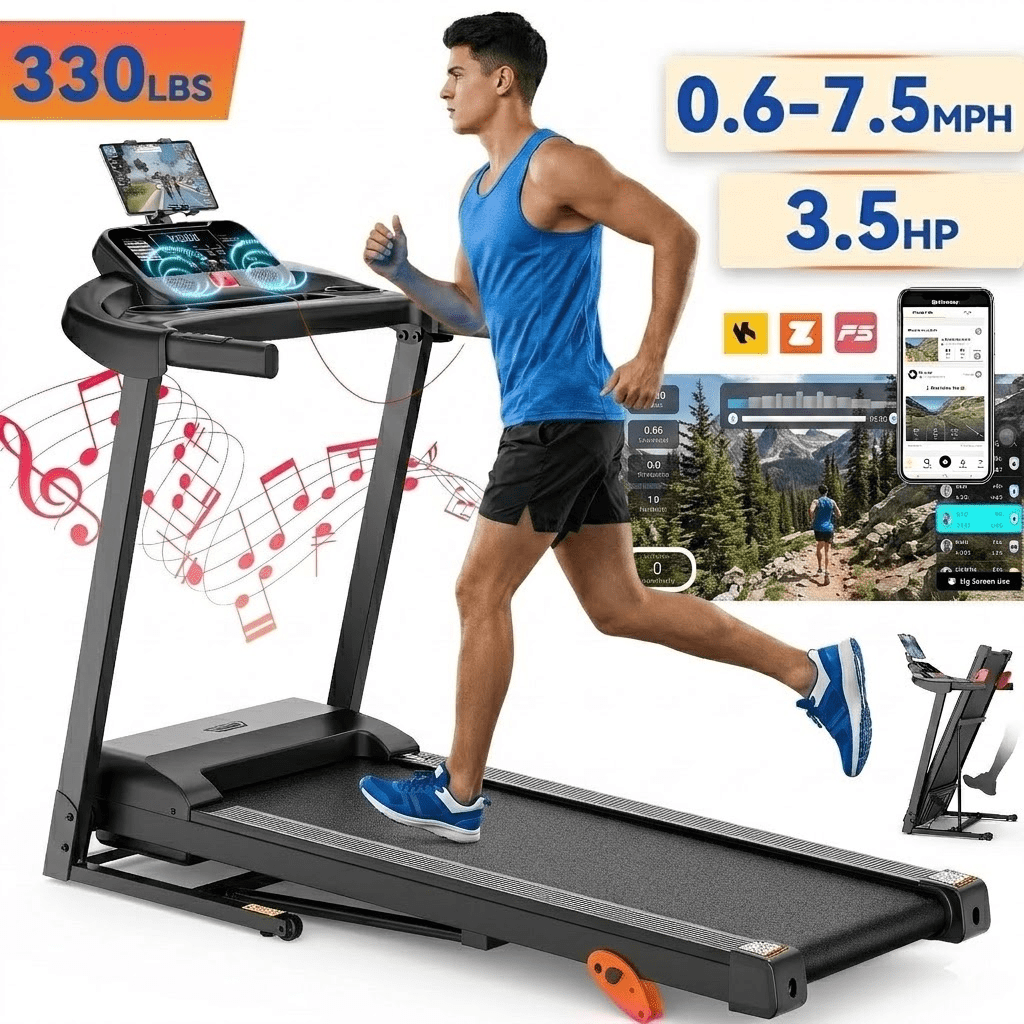 3.5HP Folding Treadmill with 3-Level Manual Incline, 7.5MPH Speed and 330lbs Load, Bluetooth Speaker, Smart App Control Shock Absorbing Running Machine for Home Office