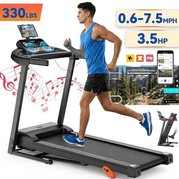 3.5HP Folding Treadmill with 3-Level Manual Incline, 7.5MPH Speed and 330lbs Load, Bluetooth Speaker, Smart App Control Shock Absorbing Running Machine for Home Office