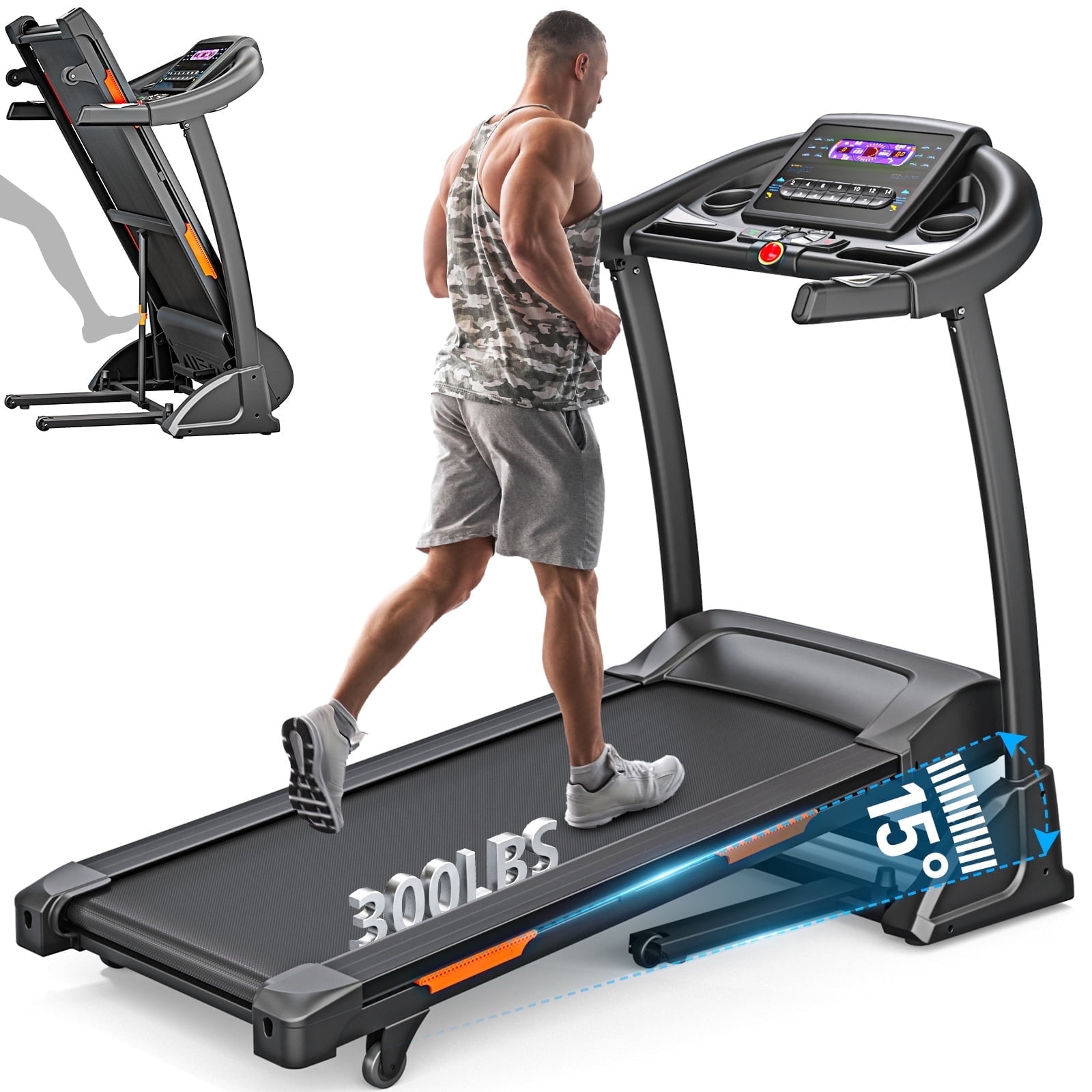 3 5HP Folding Treadmill 300lb Capacity 15 Levels Auto Incline 