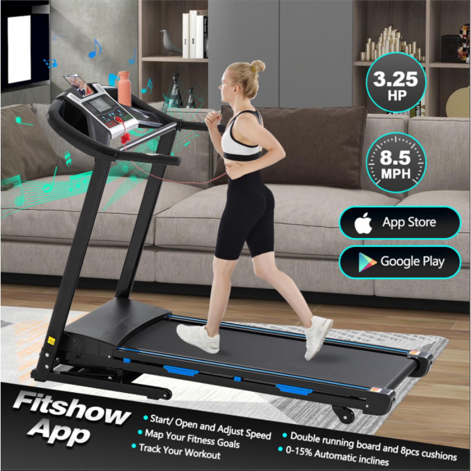 3.5HP Folding Treadmill With Auto 15 Incline Bluetooth MP3 17 Wide 7 Layers Shock absorbing Belt 9MPH Connect FitShow APP Running Walking Jogging