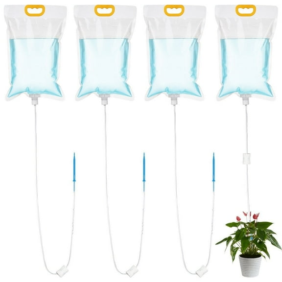 3.5L Plant Drip Irrigation Bag, 4PCS Plant Life Drip Watering Bag, Automatic Plant Watering System with Adjustable Flow, Hanging Dripping Bags and Spikes for Indoor, Outdoor Potted Plants