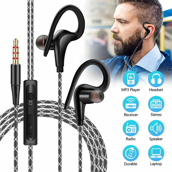 3.5Mm In-Ear Wired Earbuds Sports Running Earphone Over Ear Hook Headphone W/Mic