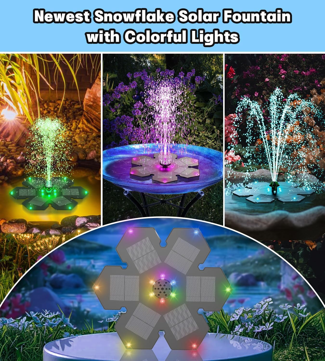 3.5W Upgraded Solar Fountain, Snowflake Double Layer Colorful Lights, 2000mAh Battery, 4 Fixed Brackets & 7 Nozzles, Outdoor Fountain for Garden, Patio and Pond Decoration