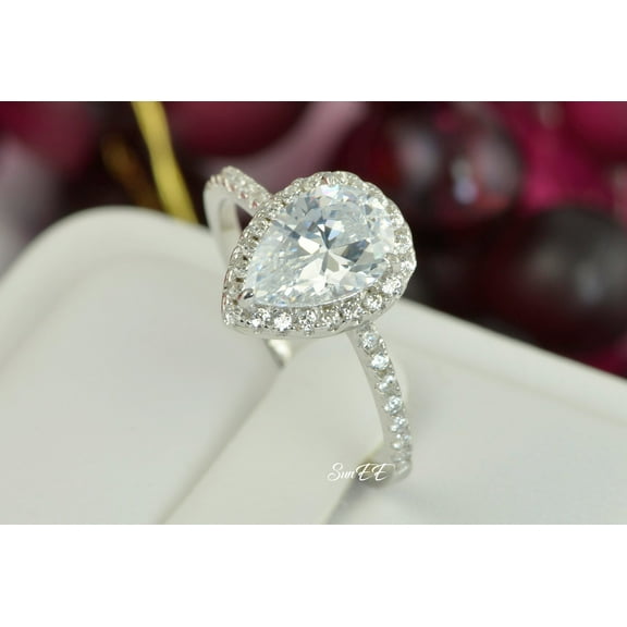 3.5ct Halo Pear Cut Bridal Wedding Engagement Ring Diamond Simulated 925 Sterling Silver Anniversary Rings SKU:00158