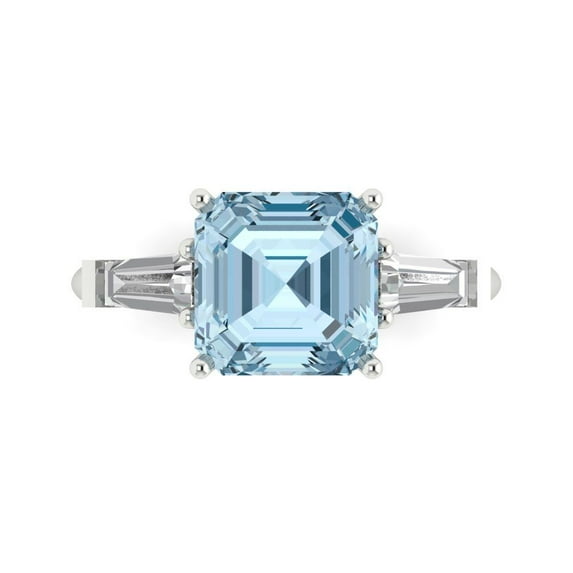 Clara Pucci 14K White Gold Solid Gold Blue Three-Stone Anniversary Ring for Women - 3 cttw Asscher Cut