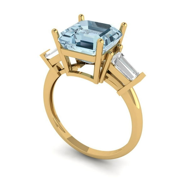 3.5ct asscher cut blue Zircon 14k yellow gold 3 stone Bridal Wedding Engagement Promise Anniversary Ring for Women size 6.25