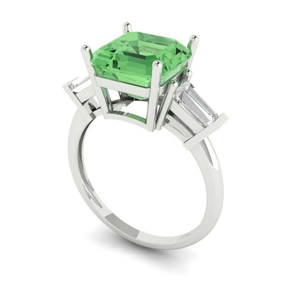 3.5ct asscher cut green Zircon 18k white gold 3 stone Bridal Wedding Engagement Promise Anniversary Ring for Women size 8.75