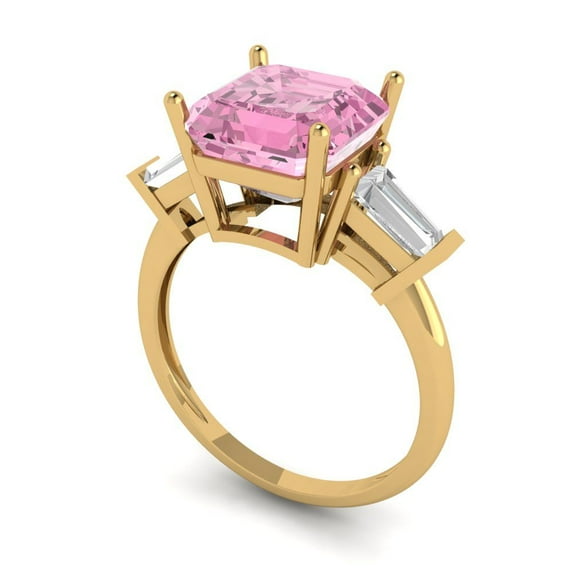 3.5ct asscher cut pink Zircon 18k yellow gold 3 stone Bridal Wedding Engagement Promise Anniversary Ring for Women size 5.25