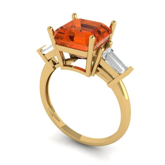 3.5ct asscher cut red Zircon 14k yellow gold 3 stone Bridal Wedding Engagement Promise Anniversary Ring for Women size 4.75