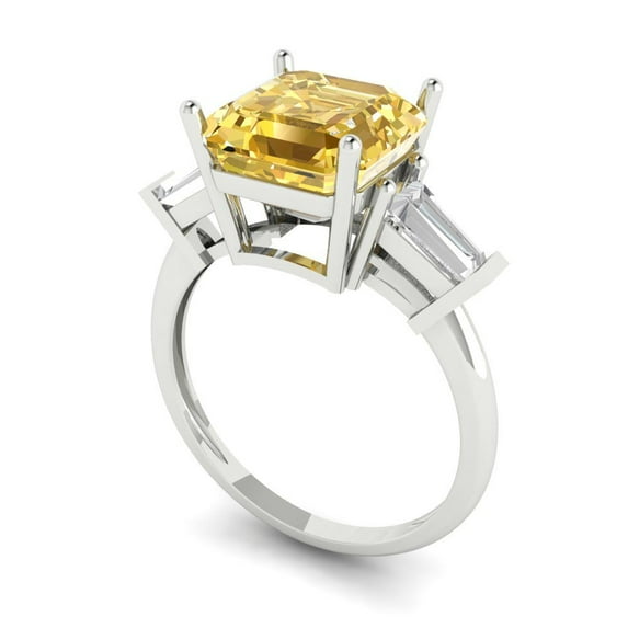 3.5ct asscher cut yellow Zircon 18k white gold 3 stone Bridal Wedding Engagement Promise Anniversary Ring for Women size 9.5