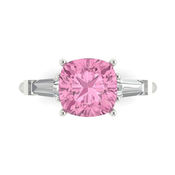 Clara Pucci 14K White Gold Solid Gold Pink Three-Stone Anniversary Ring for Women - 3 cttw Cushion Cut