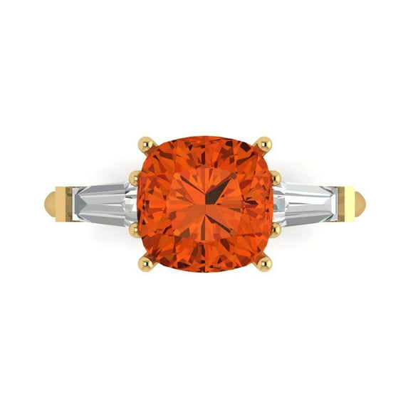 Clara Pucci 14K Yellow Gold Solid Gold Red Three-Stone Anniversary Ring for Women - 3 cttw Cushion Cut