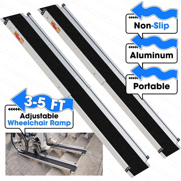 3-5ft Adjustable Wheelchair Ramp, Portable Foldable Threshold Ramp with Non-Slip Surface & Side Stoppers, Lightweight Aluminum Ramp for Steps, Curbs, Home & Medical Accessibility