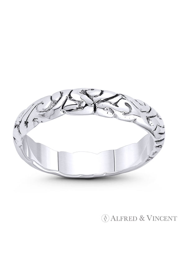 3.5mm (0.14in) Abstract Swirl Engraved Design Right Hand Ring Stackable Band in Oxidized .925 Sterling Silver