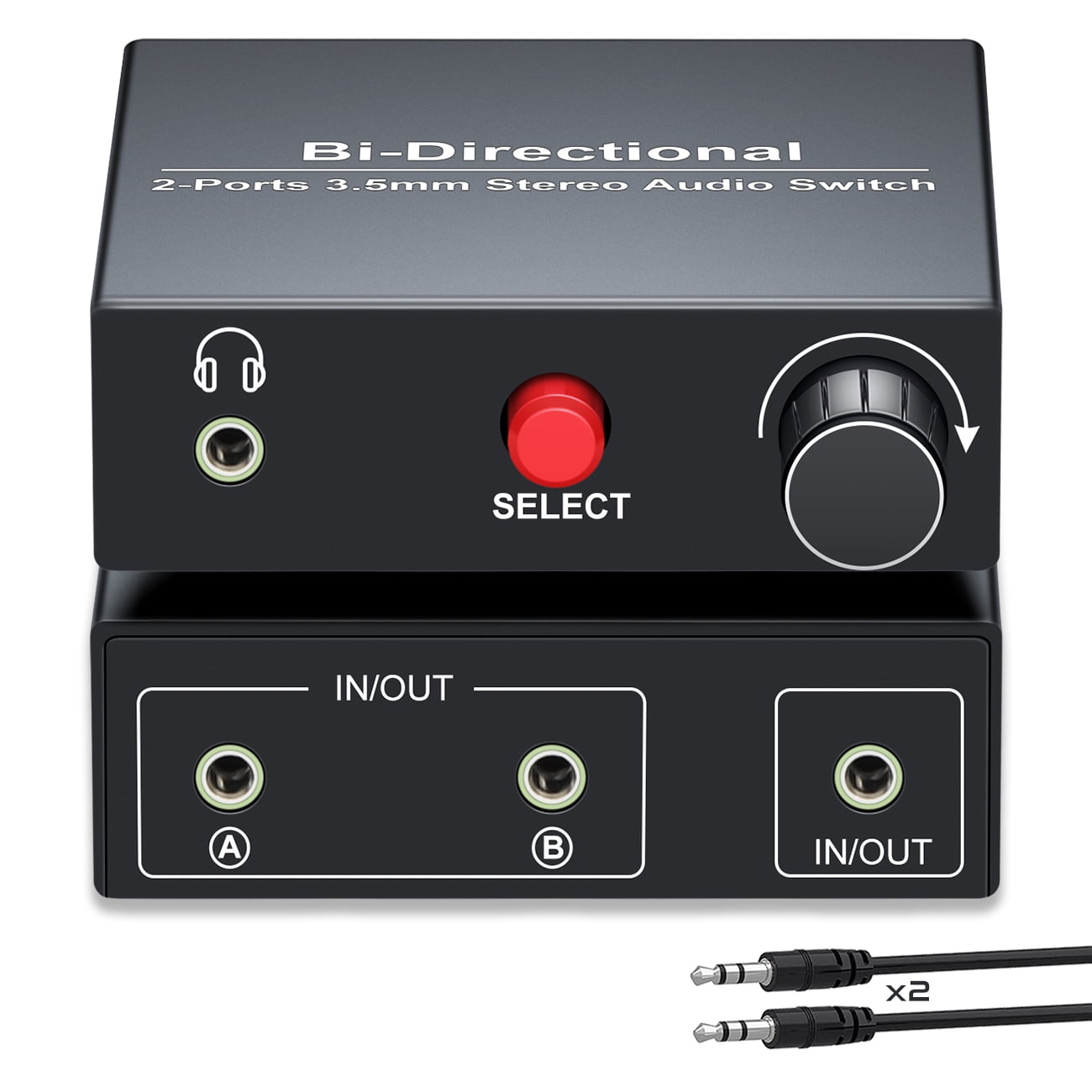 3.5mm Audio Switcher, Aux Switch Box 2 in 2 Out, with Volume Control and 3.5mm Cables