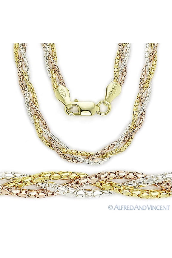 3.5mm Coreana 3-Link Braided Italian Chain Necklace in Tri-Tone .925 Sterling Silver w/ 14k Gold