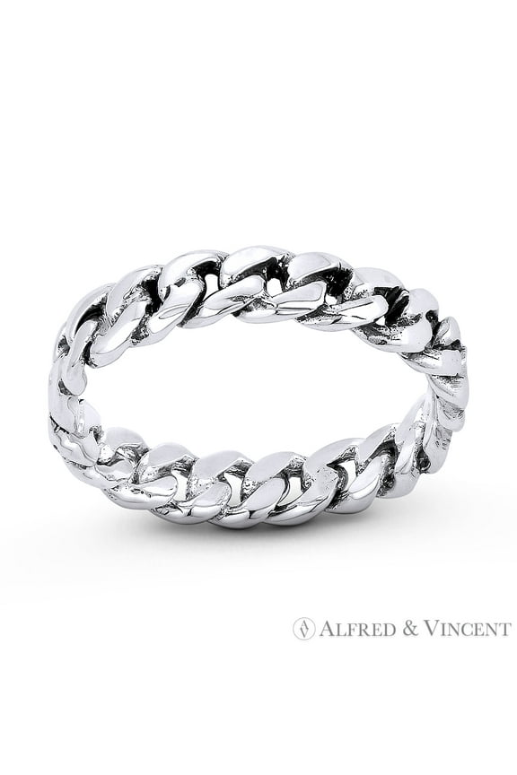 3.5mm Cuban Curb Link Chain Right Hand Eternity Ring Stackable Band in Oxidized .925 Sterling Silver