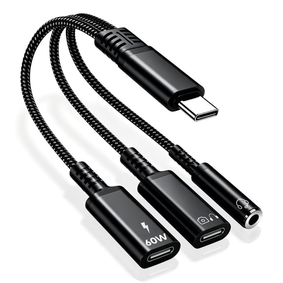 Atzeste 3-in-1 USB-C to 3.5mm Audio Adapter, 60W PD Fast Charging USB C Headphone Jack Splitter with USB-C Audio Port Compatible with iPhone 17/16/15 Series, iPad, Samsung Galaxy S24/S23 Ultra