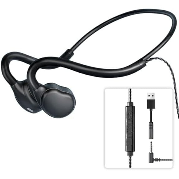 3.5mm Open Ear Headphones Wired headphones with Mic, 3.5mm+USB Connection, Air Conduction Wired Headset with Premium Sound Ultra-Light USB Headset Perfect for Phones Tablets PC Speakers -Black