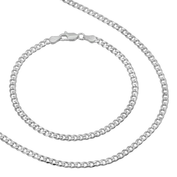 3.5mm Solid .925 Sterling Silver Flat Cuban Link Curb Chain Necklace + Bracelet Set, 30" (Necklace) + 8" (Bracelet)