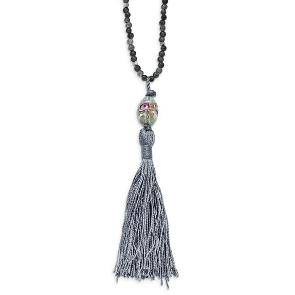 3.5mm Sterling Silver Green Glass Hematite Grey Quartz With Nylon Tassel Drop Necklace - 34.5 Inch