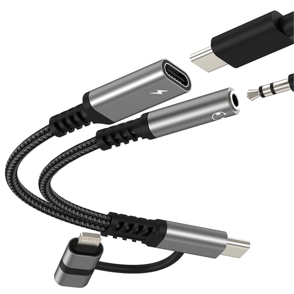 3.5mm to USB C Adapter (2in2) for iPhone 17 16 15 14 13 Pro Max Lightning to Aux Audio Headphone Jack Cable Splitter Dongle Charger Cord Car Charging for iPad Dual Lighting DAC Compatible for Samsung
