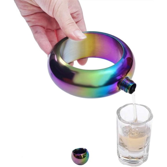3.5oz Smooth Stainless Steel Portable Bracelet Hip Flask for Storing Whiskey+2 stainless steel wine glasses and a funnel/Alcohol Colorful