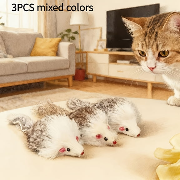 3/5pcs Pet Cat Toy Simulation Plush Mouse Artificial Plush (Synthetic Fiber) Mouse Two-Color Plastic Cat Toy Long-Haired Mouse - Indoor Cat Interactive Play and Exercise Cat Toy
