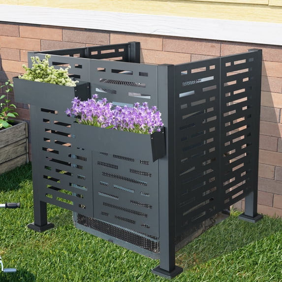 3.5x3.5 FT Air Conditioner Fence for Outdoor Units, Metal Privacy Fence Cover with 3 Panels and 2 Small Flower Boxes, Freestanding Install, for Garden, Charcoal