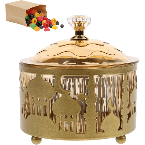 3.5x3.5 Gold Iron Serving Tray with Lid Ramadan Decorations Metal Platter Wedding Cake Plate Islamic Eid Dessert Candy Cake , Gold Metal Ramadan Serving Trays , Eid Mubarak Plates Dining