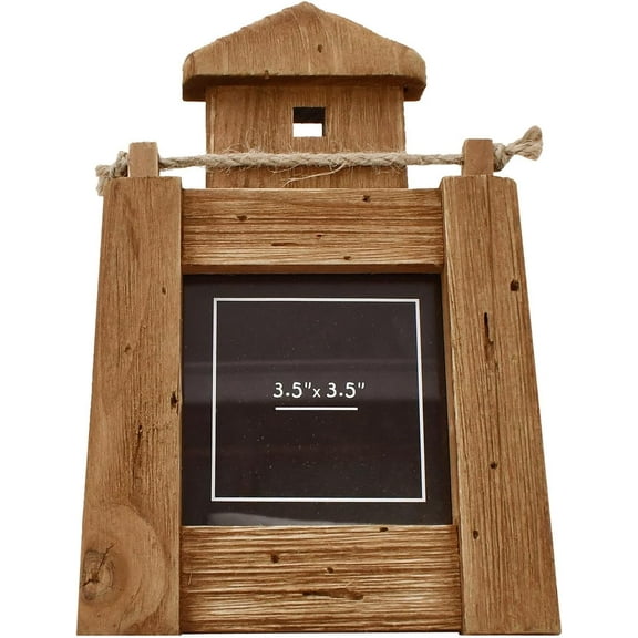 3.5x3.5 Picture Frame Rustic Wood Photo Frame Beach Home Decor, Handmade Nautical Lighthouse Shaped Photo Frame with HD Glass and Easel for Tabletop Decor