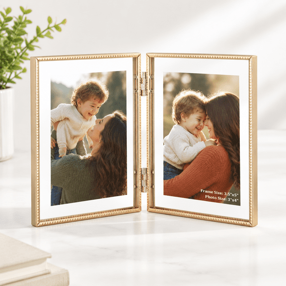 3.5x5 Double Floating Picture Frame Display For 2x3 Hinged Folding Beaded Metal Frames With Real Gltabletop Photo Multiple Size H