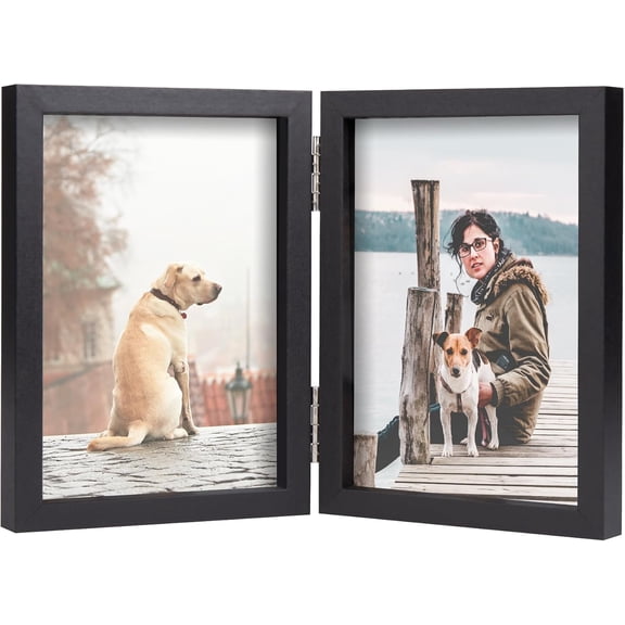 3.5x5 Double Picture Frame Wooden Hinged Photo Frame Definition Glass Stand Vertically on Desktop or Tabletop Black