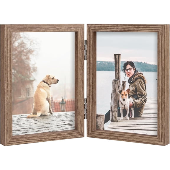 3.5x5 Double Picture Frame Wooden Hinged Photo Frame Definition Glass Stand Vertically on Desktop or Tabletop