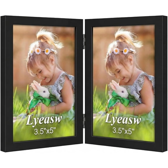 3.5x5 Picture Frame Double Hinged, Classic Two Opening 3.5 by 5 Family Dual Photo Frame with Glass, Black Folding Free-Standing Vertical Frame for Tabletop,Desktop or Shelf