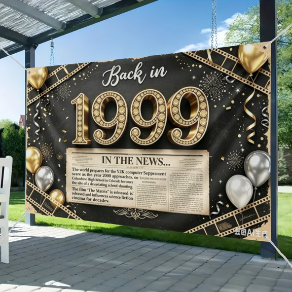 3.6*5.9FT Back in 1999 Birthday Decorations Banner,27th Birthday Party Backdrop Vintage Newspaper Film Photography Background 1999 Class Reunion Sign-Black Gold