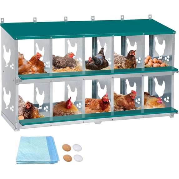 3/6/8/10 Compartment Chicken Nesting Box with Roll Away Egg Collection, Perch & Lid Cover, Wall Mount/Free Standing for Hens Ducks