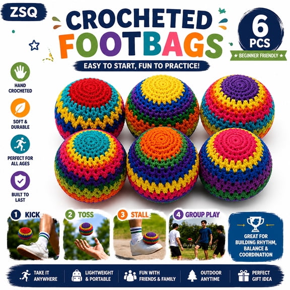 6 Pack Hacky Footbag Sack Set for Adults Handmade Crochet Footbag for Beginners Knitted Soft Kick Sack Balls Outdoor Juggling Sports Games Backyard