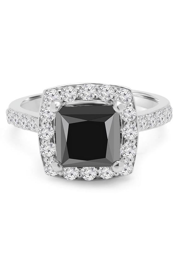 3.6 CTW Princess Black Diamond Cathedral Cushion Halo Engagement Ring with Accents in 14K White Gold - Size 5.5
