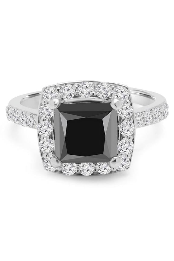 3.6 CTW Princess Black Diamond Cathedral Cushion Halo Engagement Ring with Accents in 14K White Gold